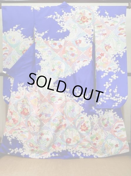 Photo1: J1225D Used Japanese Deep  Blue FURISODE long-sleeved / Synthetic. Peony,   (Grade A) (1)