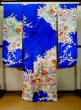 Photo2: J1225D Used Japanese Deep  Blue FURISODE long-sleeved / Synthetic. Peony,   (Grade A) (2)