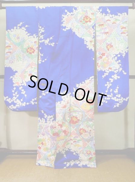 Photo2: J1225D Used Japanese Deep  Blue FURISODE long-sleeved / Synthetic. Peony,   (Grade A) (2)
