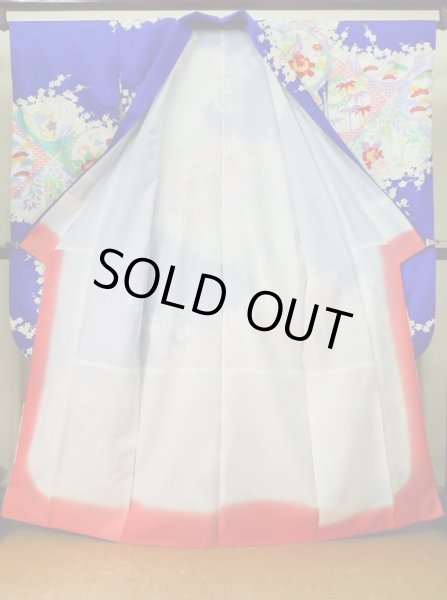 Photo3: J1225D Used Japanese Deep  Blue FURISODE long-sleeved / Synthetic. Peony,   (Grade A) (3)