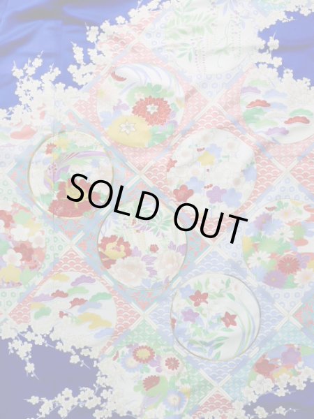 Photo4: J1225D Used Japanese Deep  Blue FURISODE long-sleeved / Synthetic. Peony,   (Grade A) (4)