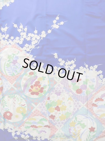 Photo5: J1225D Used Japanese Deep  Blue FURISODE long-sleeved / Synthetic. Peony,   (Grade A) (5)