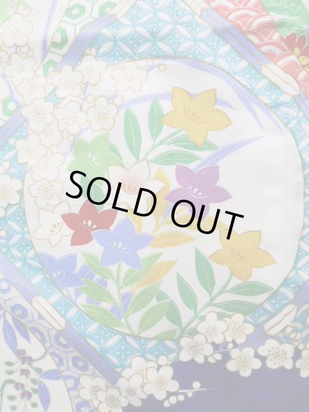 Photo7: J1225D Used Japanese Deep  Blue FURISODE long-sleeved / Synthetic. Peony,   (Grade A) (7)