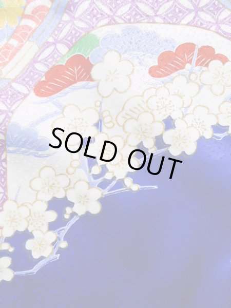 Photo8: J1225D Used Japanese Deep  Blue FURISODE long-sleeved / Synthetic. Peony,   (Grade A) (8)