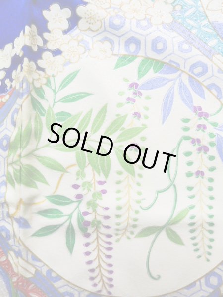 Photo9: J1225D Used Japanese Deep  Blue FURISODE long-sleeved / Synthetic. Peony,   (Grade A) (9)