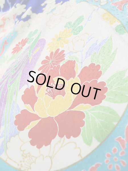 Photo15: J1225D Used Japanese Deep  Blue FURISODE long-sleeved / Synthetic. Peony,   (Grade A) (15)