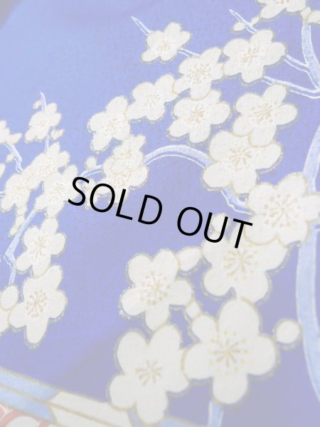 Photo16: J1225D Used Japanese Deep  Blue FURISODE long-sleeved / Synthetic. Peony,   (Grade A) (16)