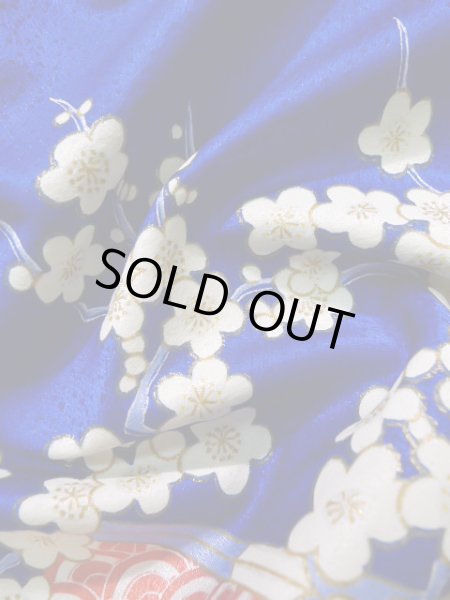 Photo17: J1225D Used Japanese Deep  Blue FURISODE long-sleeved / Synthetic. Peony,   (Grade A) (17)