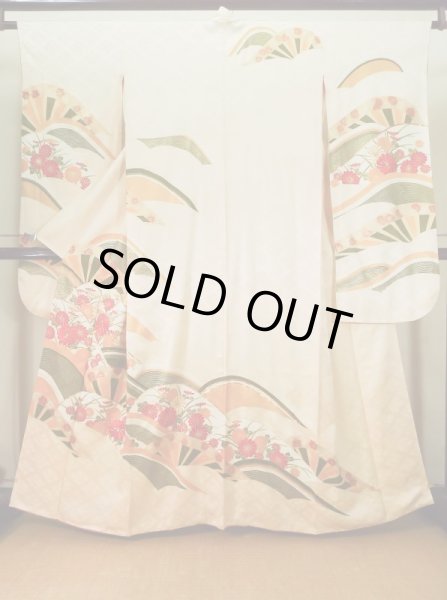 Photo1: J1225F Used Japanese Light  Cream FURISODE long-sleeved / Silk. Chrysanthemum,   (Grade A) (1)