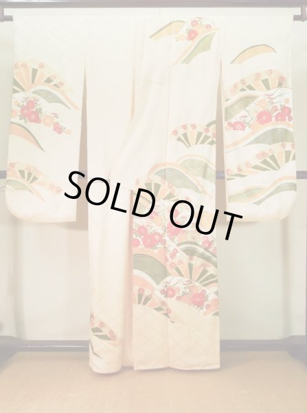 Photo3: J1225F Used Japanese Light  Cream FURISODE long-sleeved / Silk. Chrysanthemum,   (Grade A) (3)