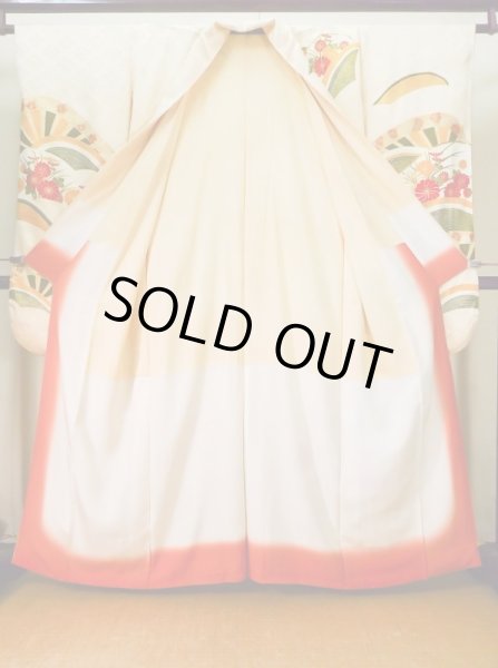 Photo4: J1225F Used Japanese Light  Cream FURISODE long-sleeved / Silk. Chrysanthemum,   (Grade A) (4)