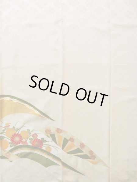 Photo6: J1225F Used Japanese Light  Cream FURISODE long-sleeved / Silk. Chrysanthemum,   (Grade A) (6)