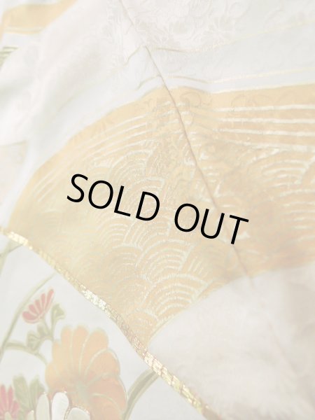 Photo13: J1225F Used Japanese Light  Cream FURISODE long-sleeved / Silk. Chrysanthemum,   (Grade A) (13)