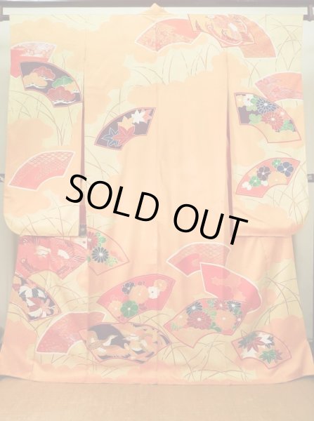 Photo2: J1225H Used Japanese Pale  Yellow FURISODE long-sleeved / Silk. Chrysanthemum,   (Grade B) (2)