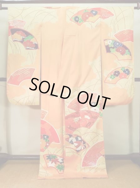 Photo3: J1225H Used Japanese Pale  Yellow FURISODE long-sleeved / Silk. Chrysanthemum,   (Grade B) (3)