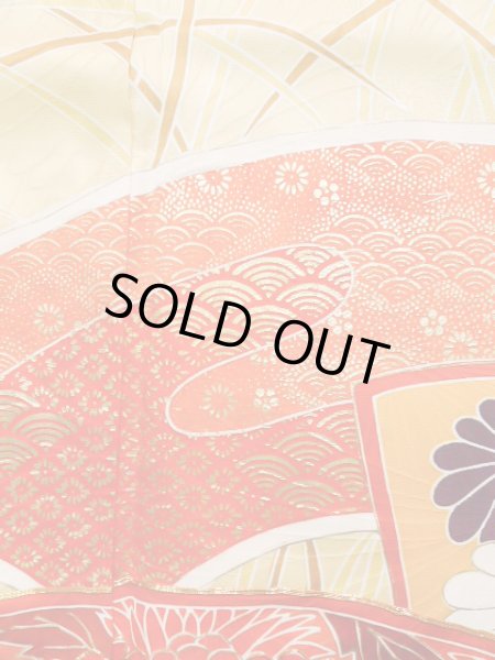 Photo7: J1225H Used Japanese Pale  Yellow FURISODE long-sleeved / Silk. Chrysanthemum,   (Grade B) (7)