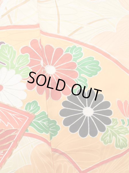 Photo8: J1225H Used Japanese Pale  Yellow FURISODE long-sleeved / Silk. Chrysanthemum,   (Grade B) (8)