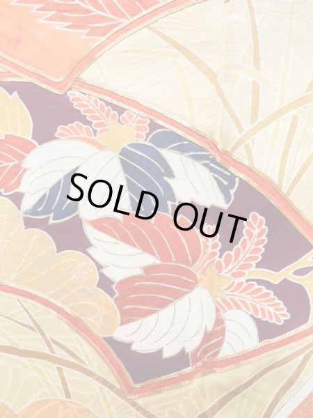 Photo10: J1225H Used Japanese Pale  Yellow FURISODE long-sleeved / Silk. Chrysanthemum,   (Grade B) (10)