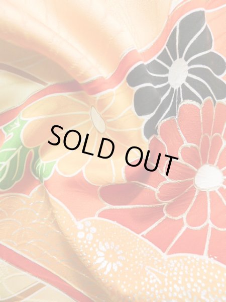 Photo16: J1225H Used Japanese Pale  Yellow FURISODE long-sleeved / Silk. Chrysanthemum,   (Grade B) (16)