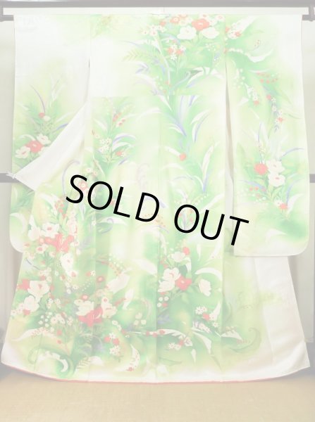 Photo1: J1225I Used Japanese   White FURISODE long-sleeved / Silk. Flower,   (Grade B) (1)