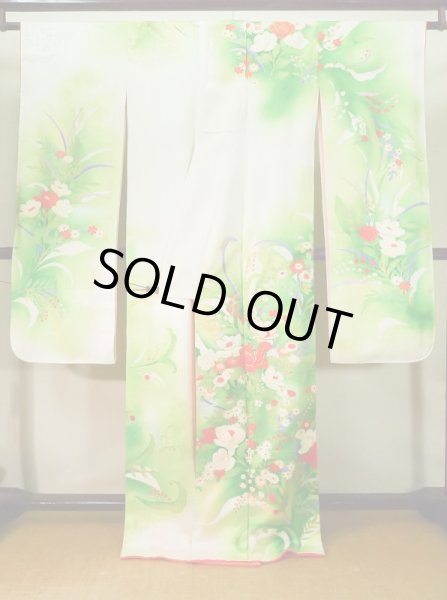 Photo3: J1225I Used Japanese   White FURISODE long-sleeved / Silk. Flower,   (Grade B) (3)