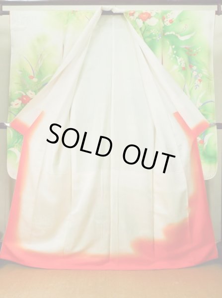 Photo4: J1225I Used Japanese   White FURISODE long-sleeved / Silk. Flower,   (Grade B) (4)