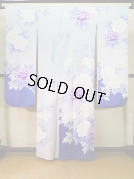Photo3: J1225J Used Japanese Pale Light Pale Blue FURISODE long-sleeved / Silk. Peony,   (Grade B) (3)