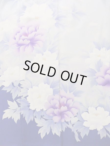 Photo5: J1225J Used Japanese Pale Light Pale Blue FURISODE long-sleeved / Silk. Peony,   (Grade B) (5)