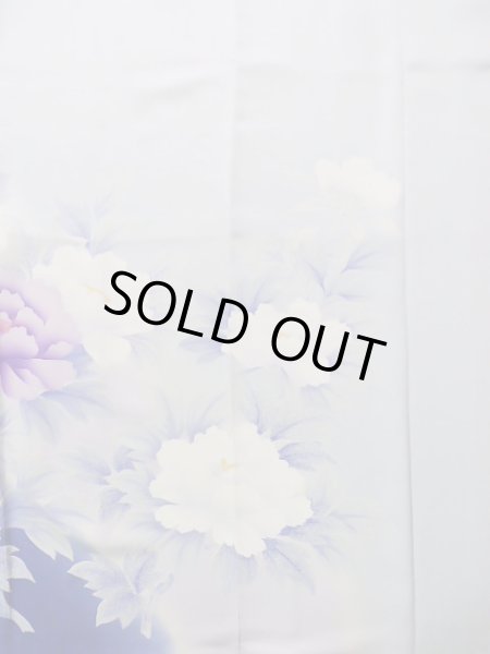 Photo6: J1225J Used Japanese Pale Light Pale Blue FURISODE long-sleeved / Silk. Peony,   (Grade B) (6)