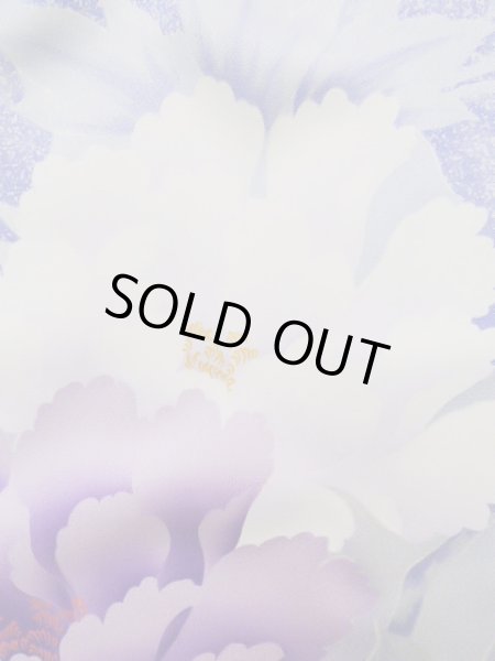 Photo7: J1225J Used Japanese Pale Light Pale Blue FURISODE long-sleeved / Silk. Peony,   (Grade B) (7)