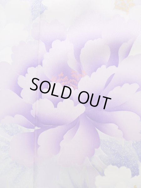 Photo8: J1225J Used Japanese Pale Light Pale Blue FURISODE long-sleeved / Silk. Peony,   (Grade B) (8)