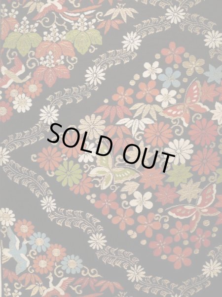 Photo2: K0224L Vintage Japanese Kimono   Black FUKURO OBI sash Flower Silk.  (Grade B) (2)