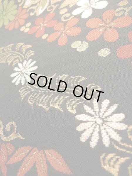 Photo7: K0224L Vintage Japanese Kimono   Black FUKURO OBI sash Flower Silk.  (Grade B) (7)