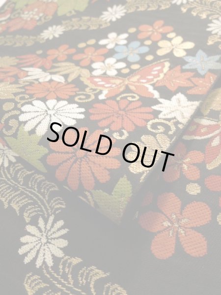Photo11: K0224L Vintage Japanese Kimono   Black FUKURO OBI sash Flower Silk.  (Grade B) (11)