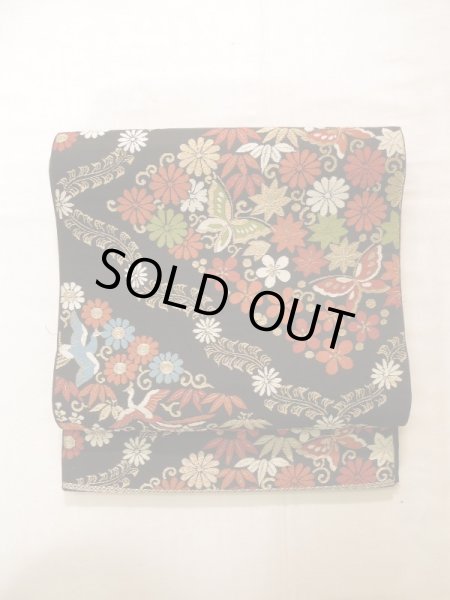 Photo12: K0224L Vintage Japanese Kimono   Black FUKURO OBI sash Flower Silk.  (Grade B) (12)