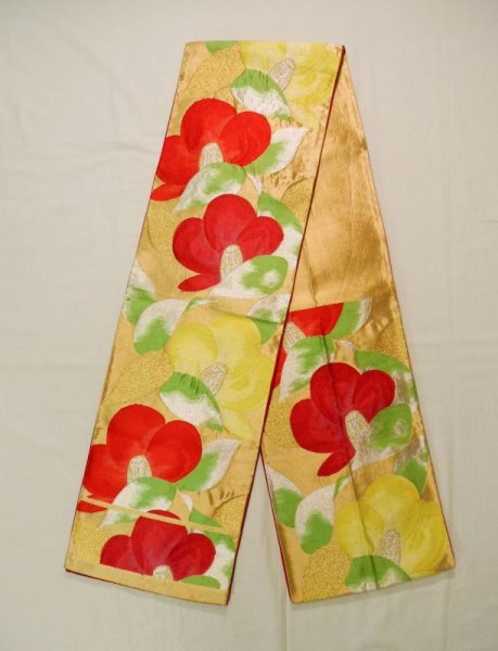 Photo1: K0224R Vintage Japanese Kimono   Gold FUKURO OBI sash Camellia Silk.  (Grade B) (1)