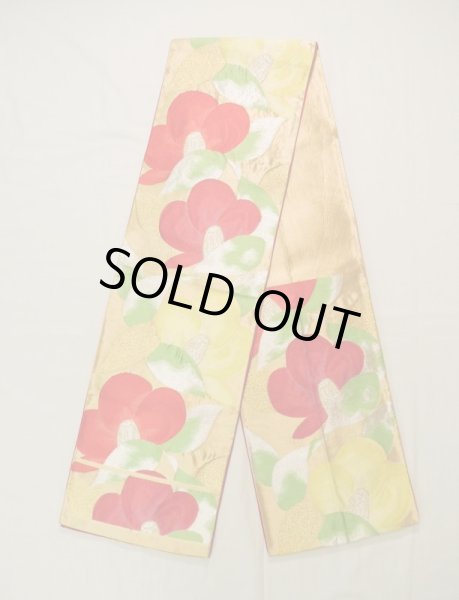 Photo1: K0224R Vintage Japanese Kimono   Gold FUKURO OBI sash Camellia Silk.  (Grade B) (1)
