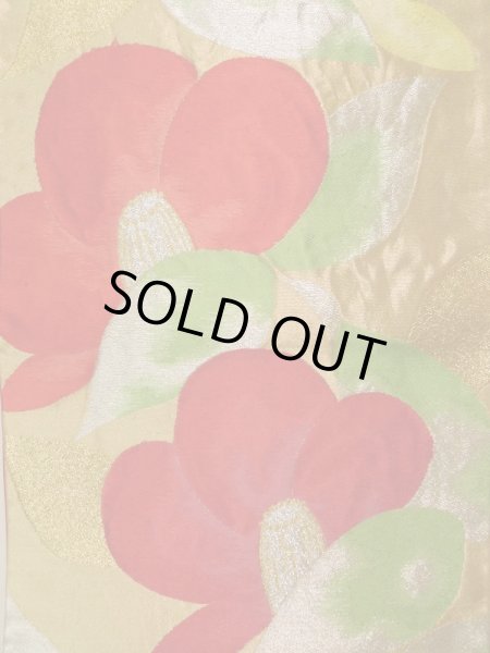 Photo2: K0224R Vintage Japanese Kimono   Gold FUKURO OBI sash Camellia Silk.  (Grade B) (2)