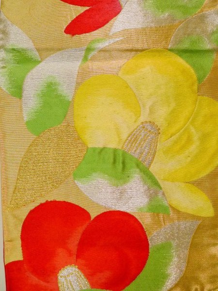 Photo3: K0224R Vintage Japanese Kimono   Gold FUKURO OBI sash Camellia Silk.  (Grade B) (3)