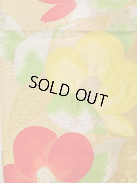 Photo3: K0224R Vintage Japanese Kimono   Gold FUKURO OBI sash Camellia Silk.  (Grade B) (3)