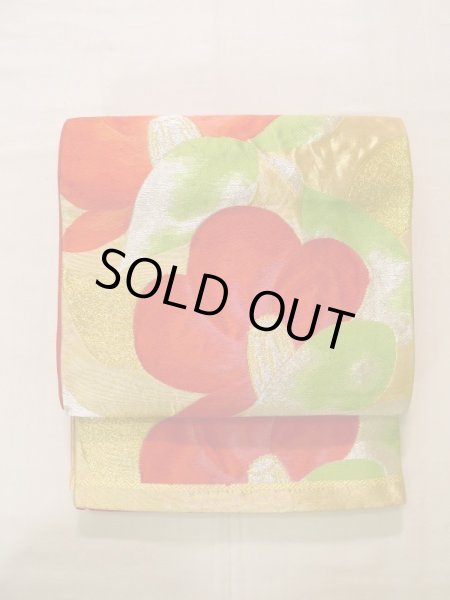 Photo11: K0224R Vintage Japanese Kimono   Gold FUKURO OBI sash Camellia Silk.  (Grade B) (11)