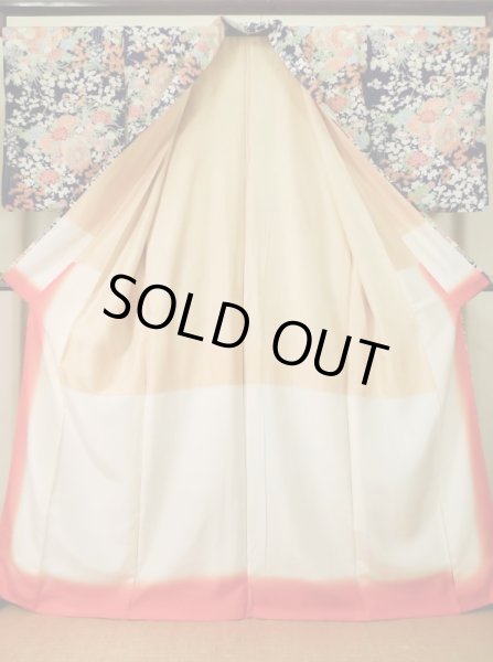 Photo2: K0317R Used Japanese   Indigo Blue KOMON dyed / Silk. Peony, flower cart pattern  (Grade A) (2)