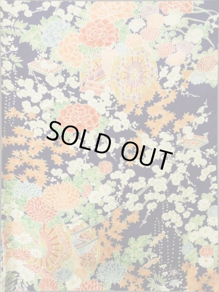 Photo4: K0317R Used Japanese   Indigo Blue KOMON dyed / Silk. Peony, flower cart pattern  (Grade A) (4)
