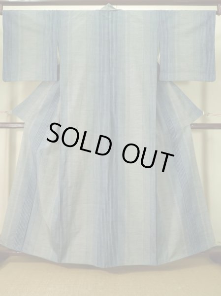 Photo1: Mint K0324L Used Japanese Pale  Pale Blue TSUMUGI pongee / Silk. Stripes   (Grade A) (1)