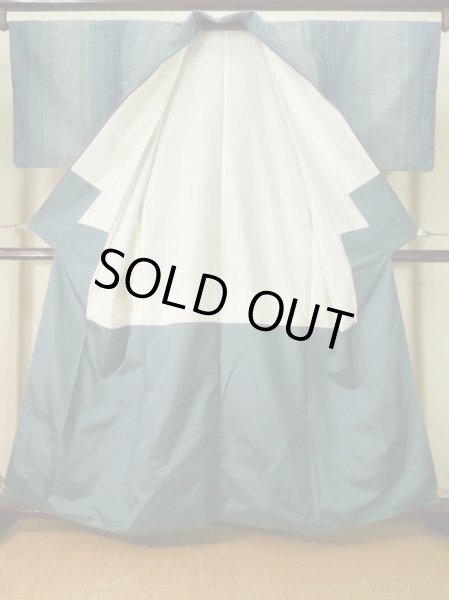 Photo2: Mint K0324L Used Japanese Pale  Pale Blue TSUMUGI pongee / Silk. Stripes   (Grade A) (2)