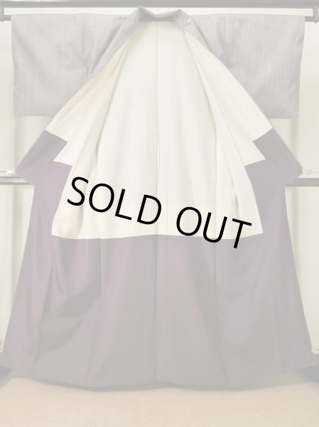 Photo2: K0324V Used Japanese Heather  Purple TSUMUGI pongee / Silk. Stripes,   (Grade B) (2)