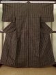 Photo1: K0325C Used Japanese   Black TSUMUGI pongee / Silk. Plaid Checks   (Grade B) (1)