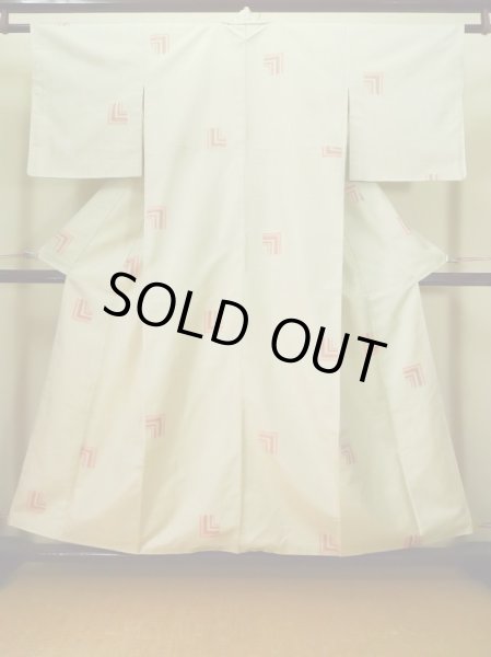 Photo1: K0329Q Used Japanese   Off White TSUMUGI pongee / Silk. Geometrical pattern,   (Grade B) (1)