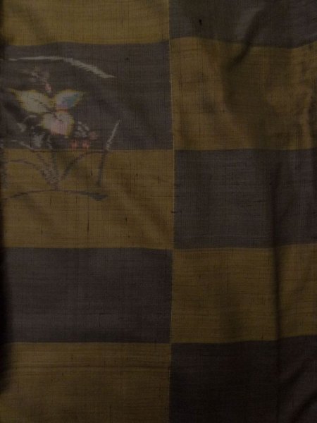 Photo4: K0329Z Used Japanese   Brown TSUMUGI pongee / Silk. Flower,   (Grade B) (4)