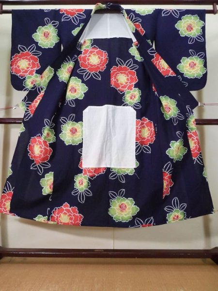 Photo2: K0414B Used Japanese   Indigo Blue Pour Dyed Yukata / Cotton. Peony   (Grade A) (2)